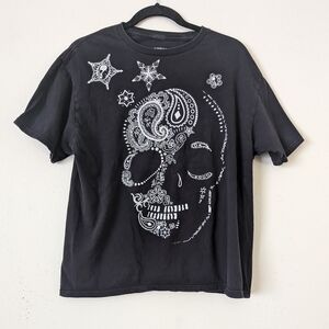 Vintage Y2K Carbon Black T-Shirt Skull Print Graphic Tee, Size Large Unisex